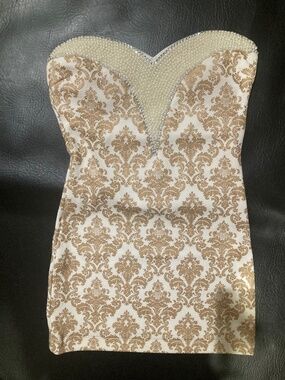 Janice cream brown floral print beads crystal strapless bustier dress s small